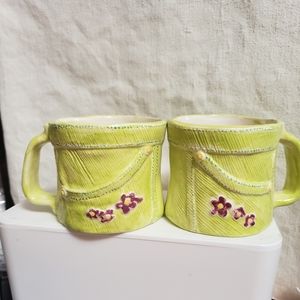 Chartreuse boho mugs with pink flowers